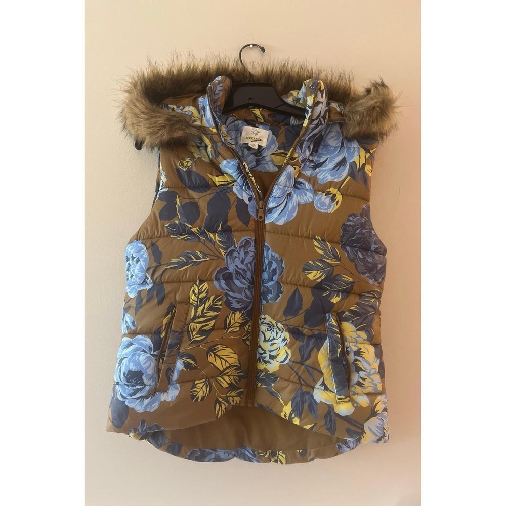 Offline by Aerie Chillside Floral Full Zip Hooded Quilted Puffer Vest Small